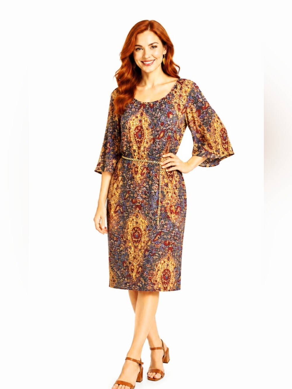 Mlle Gabrielle Colorful Paisley Sheath Dress with Gold Chain Belt, Size Medium